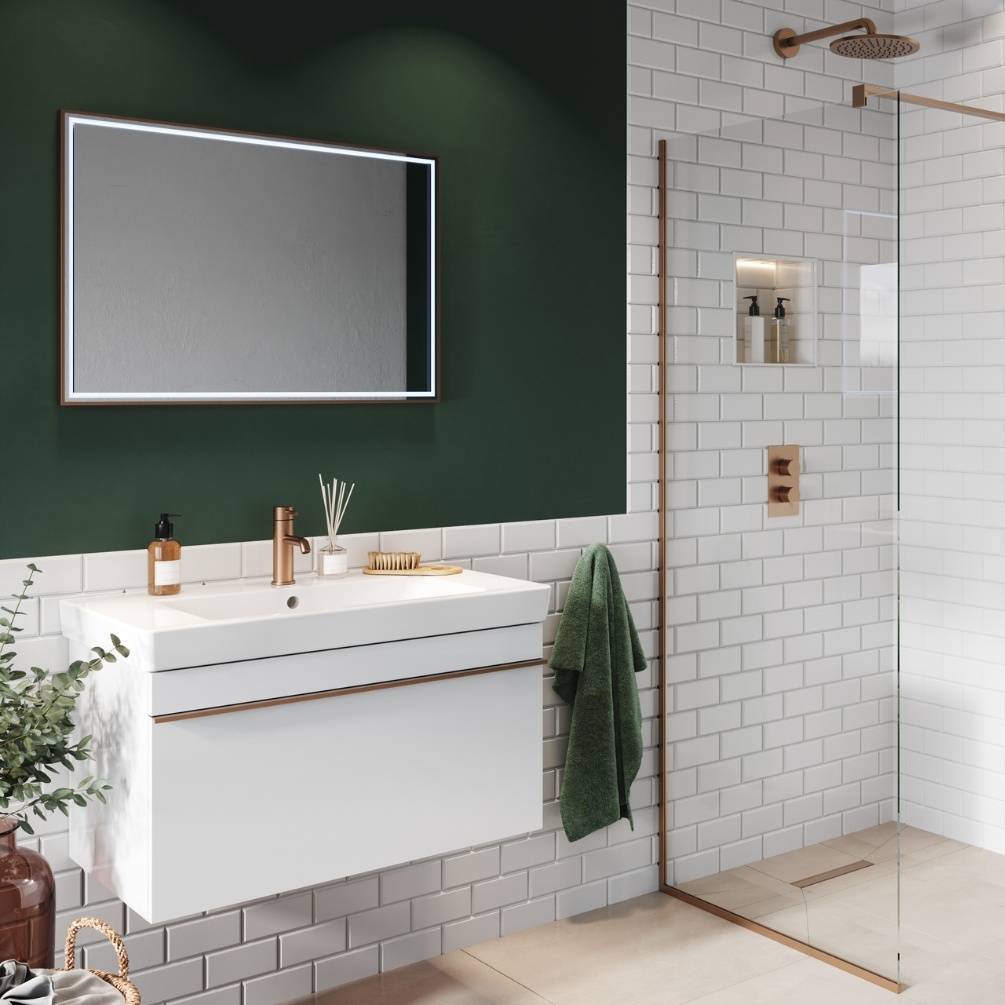 Product Lifestyle image of the Abacus Line Brushed Bronze Framed 800mm x 500mm LED Mirror mounted in landscape